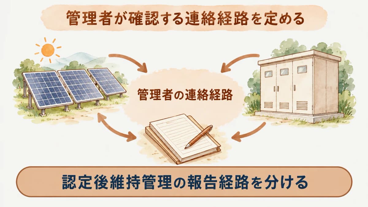 施設管理、契約担当、経理担当へ保守報告を分けて渡す連絡経路図