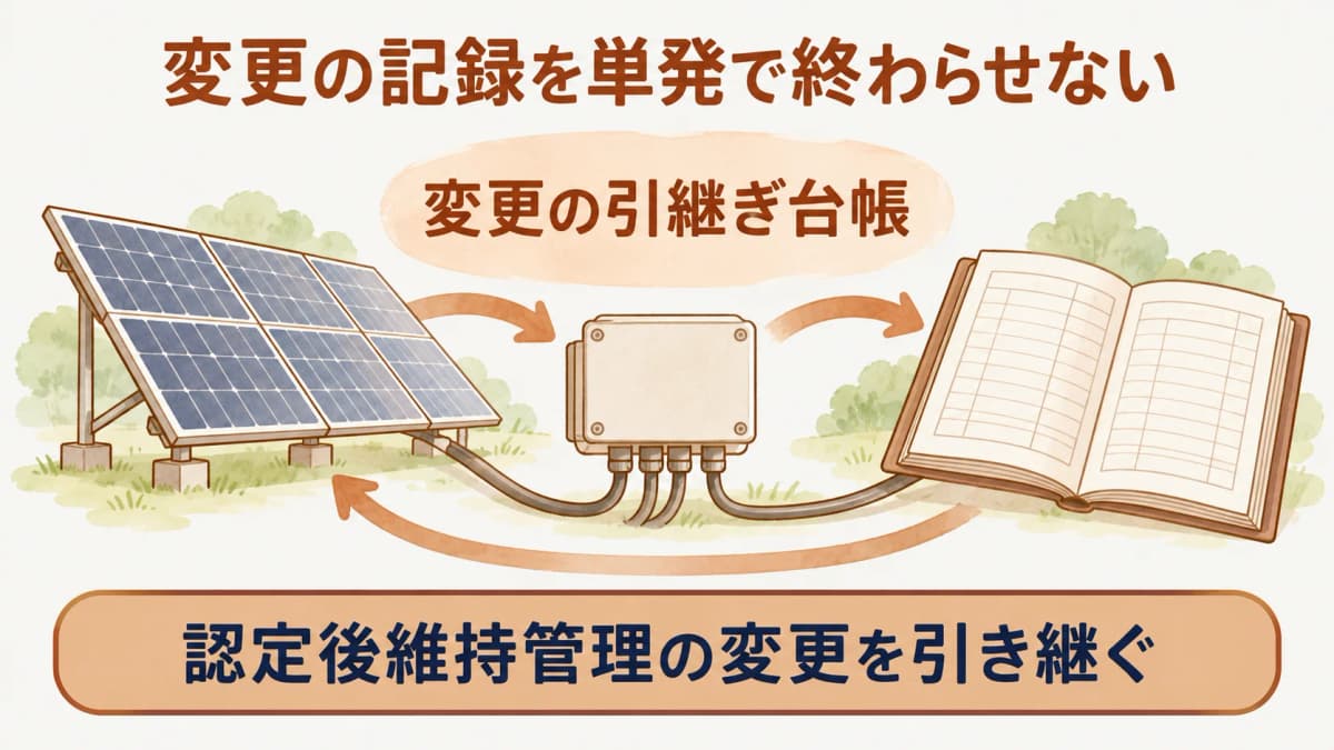 変更前後の資料と確認日を並べて保管する引継ぎ台帳の図