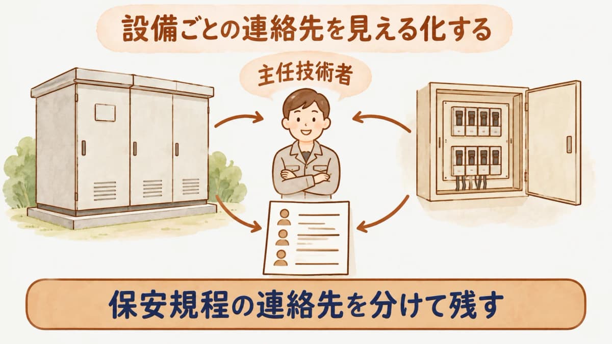 主任技術者、施設管理者、保守窓口の資料と連絡先を結ぶ図