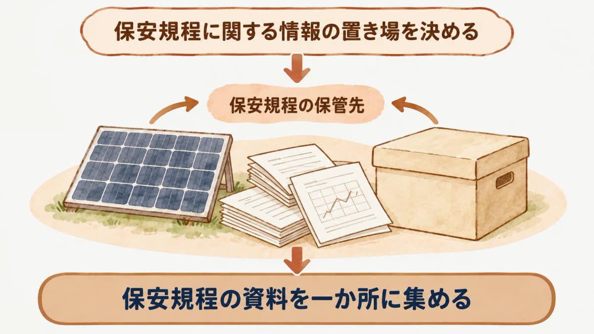 保安規程に関する資料、設備一覧、試験記録を同じ保管先へ集める図