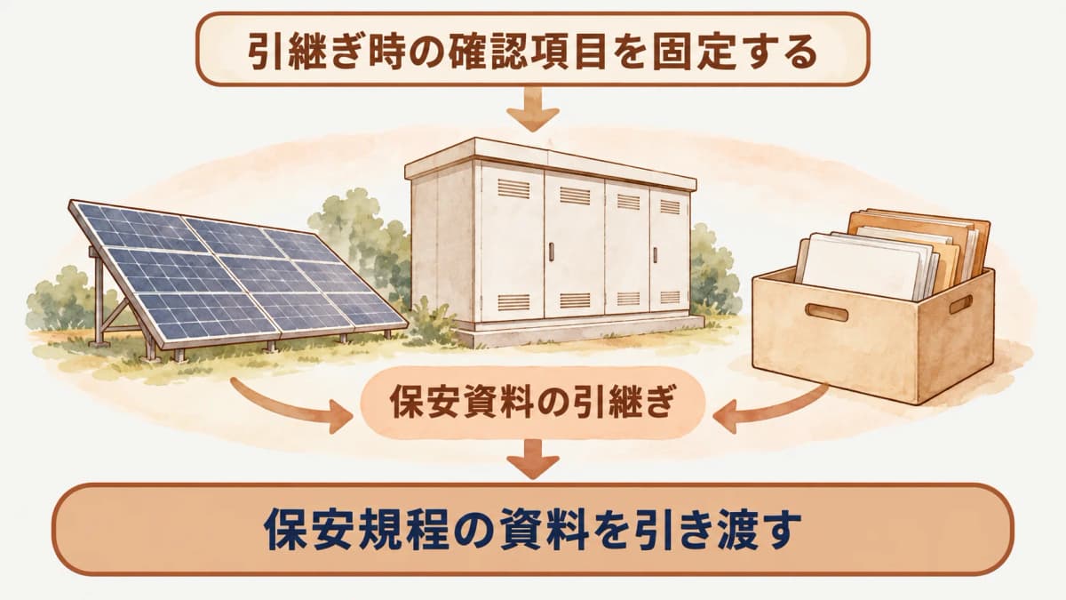 設備一覧、保安資料、点検記録、連絡先を引継ぎ箱へそろえる図